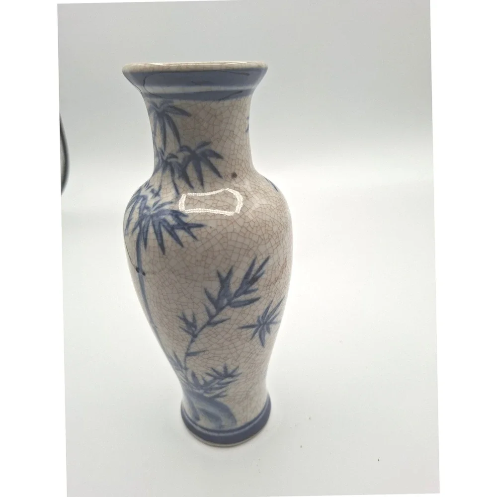 Blue and White Chinese  Bamboo Crackle Glaze Ceramic Bud Vase Vintage Style